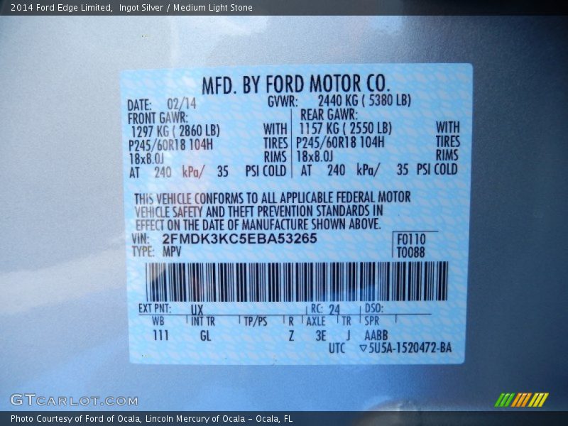 Ingot Silver / Medium Light Stone 2014 Ford Edge Limited