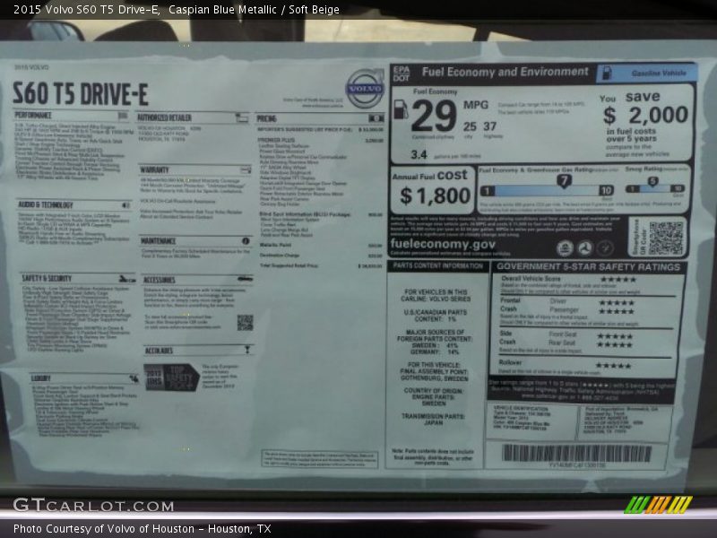  2015 S60 T5 Drive-E Window Sticker