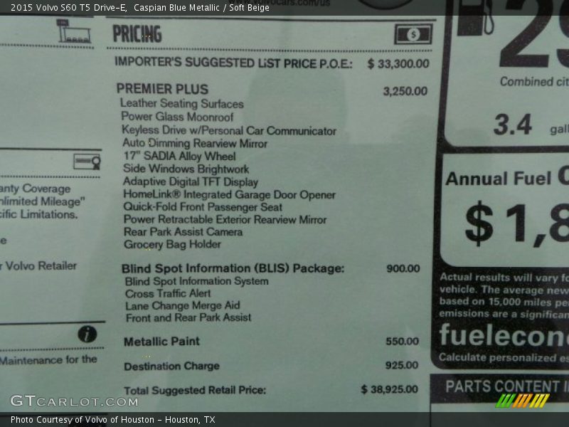 Caspian Blue Metallic / Soft Beige 2015 Volvo S60 T5 Drive-E