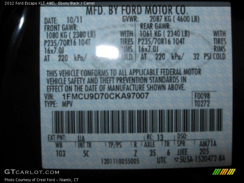 Ebony Black / Camel 2012 Ford Escape XLT 4WD