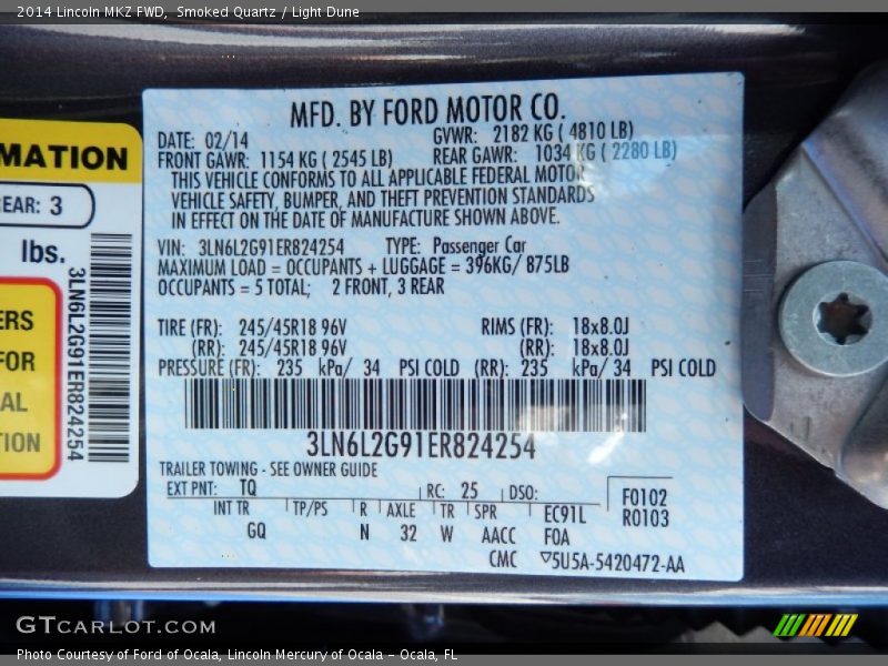 2014 MKZ FWD Smoked Quartz Color Code TQ