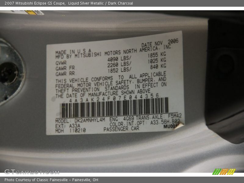 Liquid Silver Metallic / Dark Charcoal 2007 Mitsubishi Eclipse GS Coupe