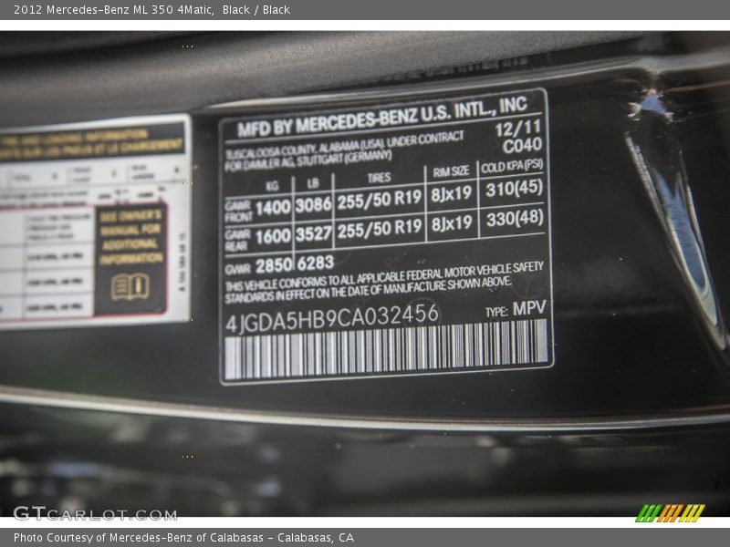 Black / Black 2012 Mercedes-Benz ML 350 4Matic