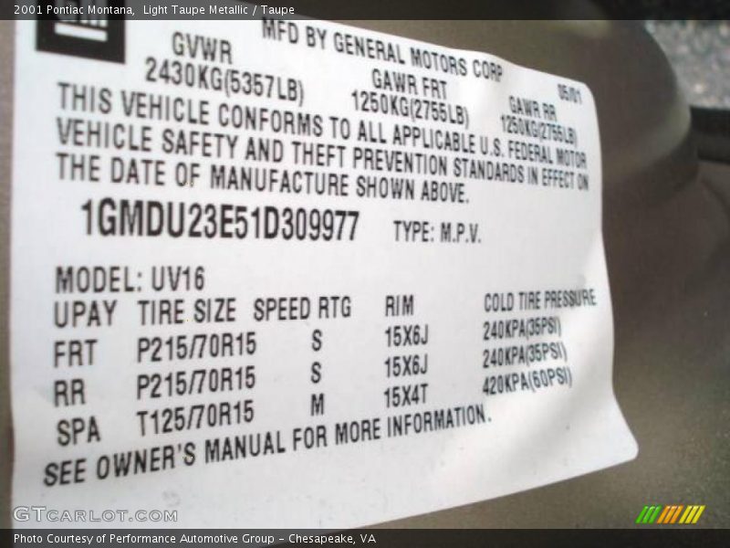 Light Taupe Metallic / Taupe 2001 Pontiac Montana