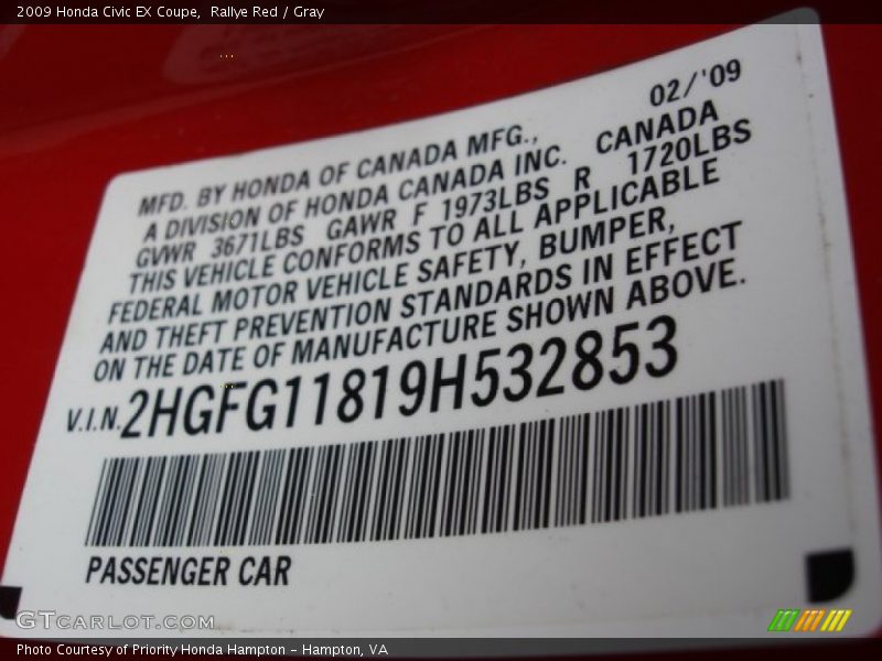 Rallye Red / Gray 2009 Honda Civic EX Coupe