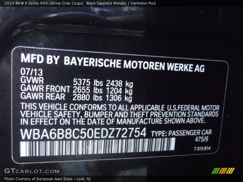 2014 6 Series 640i xDrive Gran Coupe Black Sapphire Metallic Color Code 475