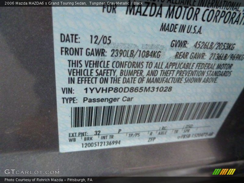 Tungsten Gray Metallic / Black 2006 Mazda MAZDA6 s Grand Touring Sedan