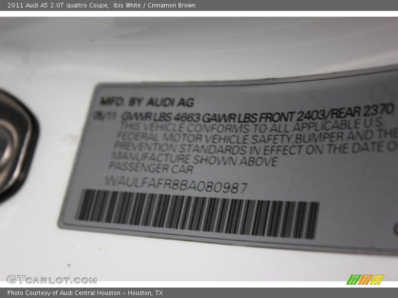 Ibis White / Cinnamon Brown 2011 Audi A5 2.0T quattro Coupe