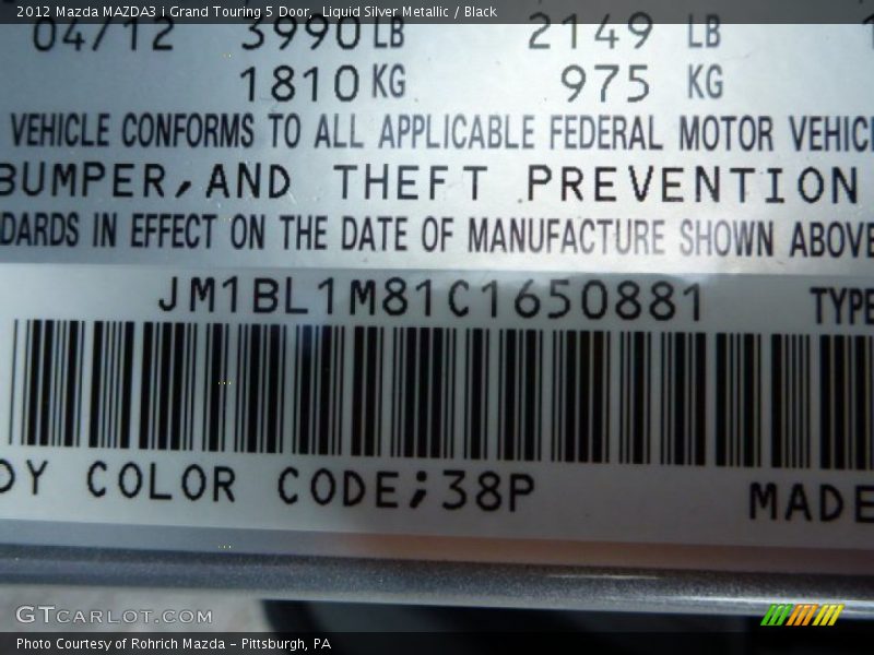 Liquid Silver Metallic / Black 2012 Mazda MAZDA3 i Grand Touring 5 Door