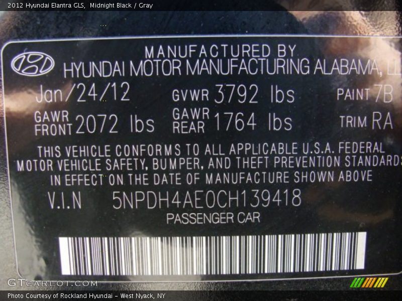 Midnight Black / Gray 2012 Hyundai Elantra GLS