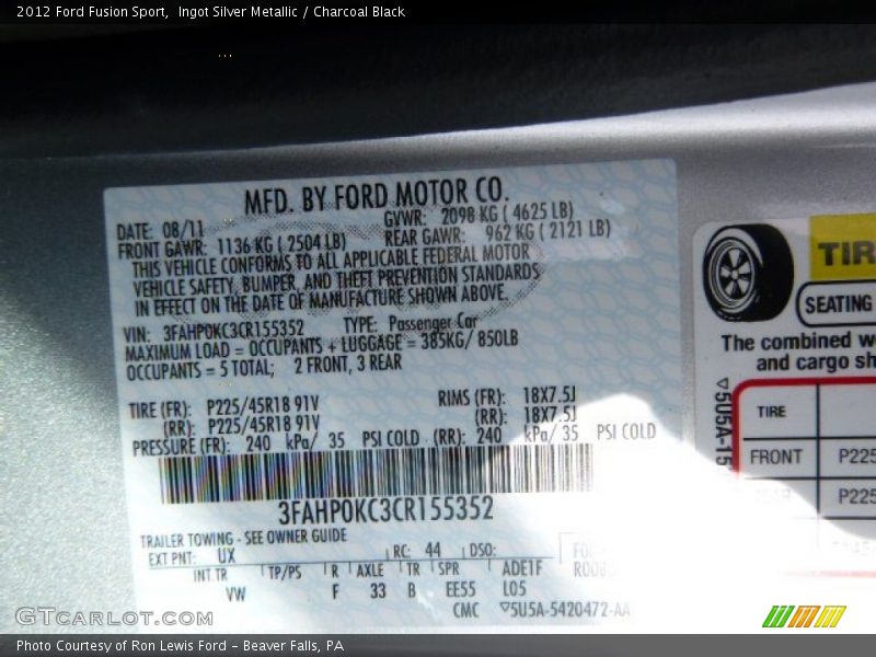 Ingot Silver Metallic / Charcoal Black 2012 Ford Fusion Sport