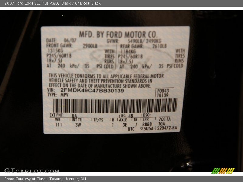 Black / Charcoal Black 2007 Ford Edge SEL Plus AWD