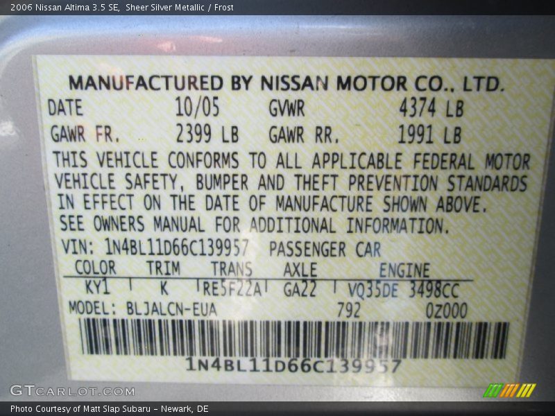 Sheer Silver Metallic / Frost 2006 Nissan Altima 3.5 SE