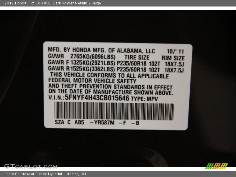Dark Amber Metallic / Beige 2012 Honda Pilot EX 4WD