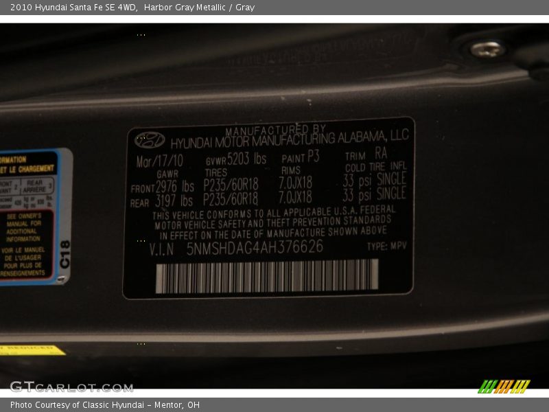 Harbor Gray Metallic / Gray 2010 Hyundai Santa Fe SE 4WD
