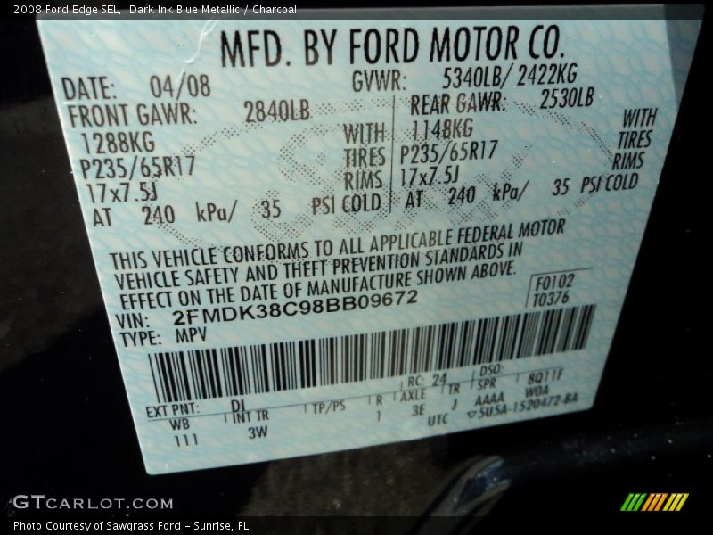 Dark Ink Blue Metallic / Charcoal 2008 Ford Edge SEL