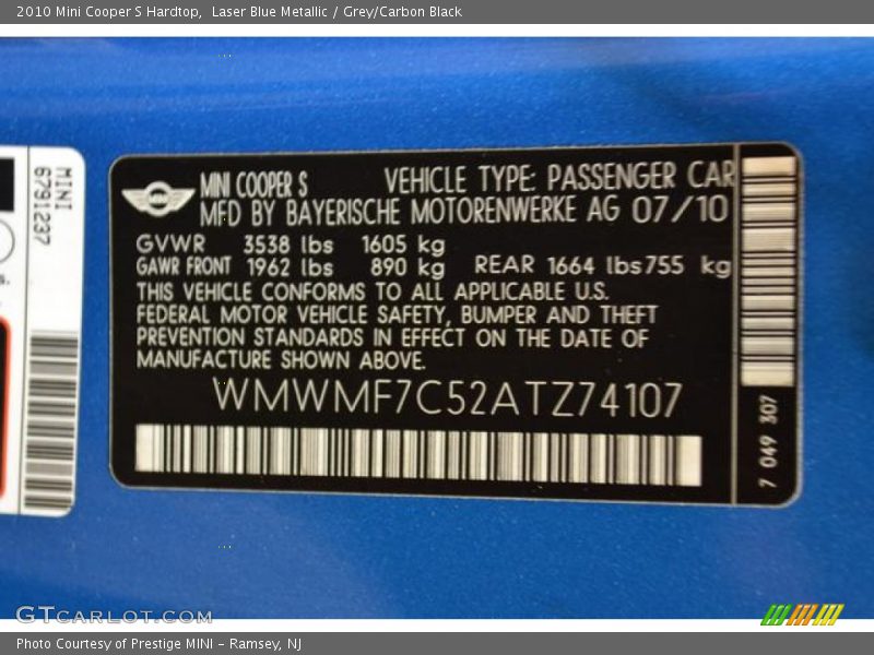 Laser Blue Metallic / Grey/Carbon Black 2010 Mini Cooper S Hardtop