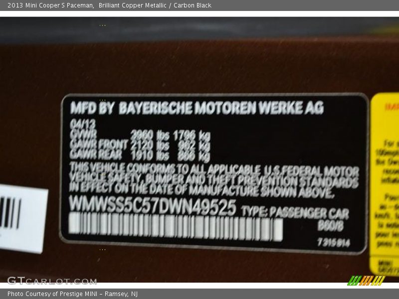 Brilliant Copper Metallic / Carbon Black 2013 Mini Cooper S Paceman