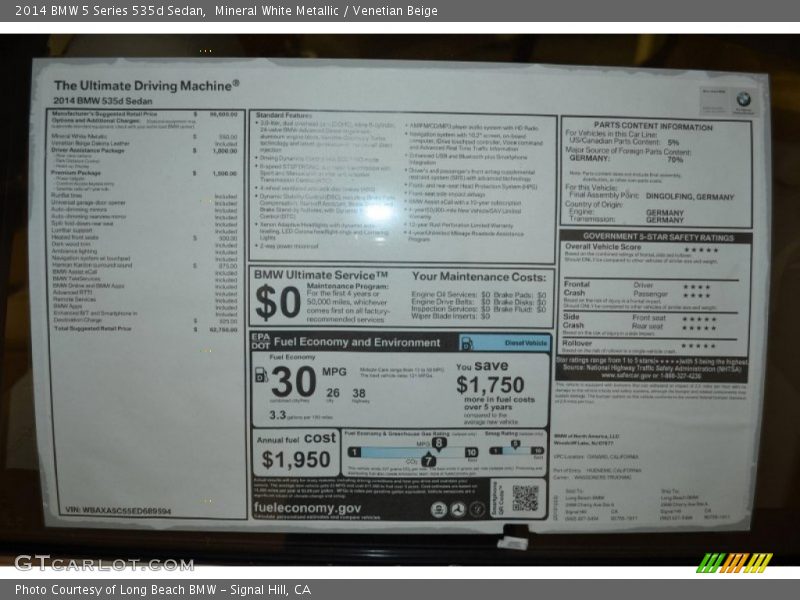 Mineral White Metallic / Venetian Beige 2014 BMW 5 Series 535d Sedan