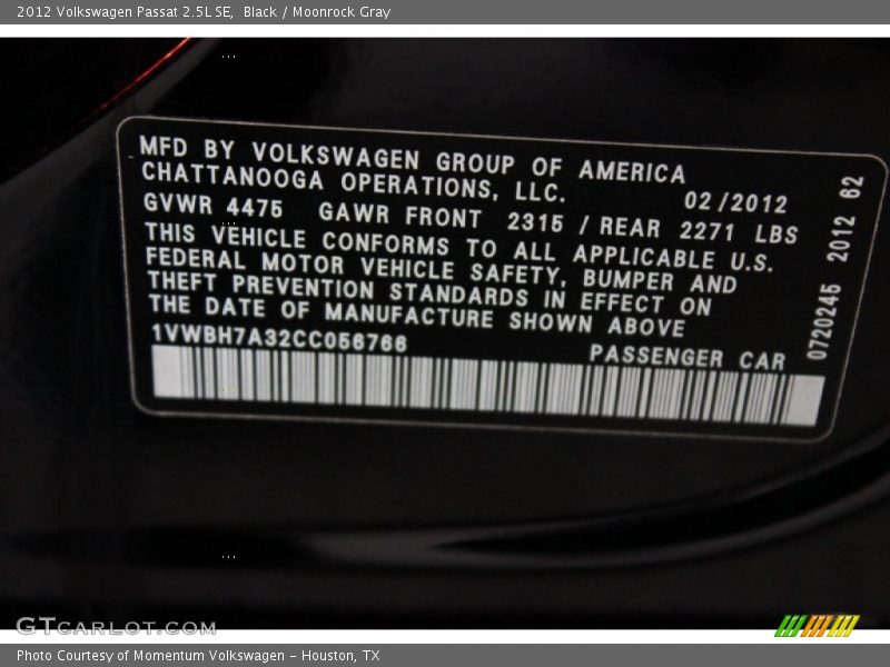 Black / Moonrock Gray 2012 Volkswagen Passat 2.5L SE