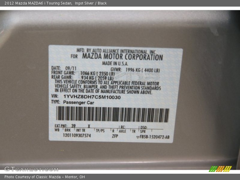 Ingot Silver / Black 2012 Mazda MAZDA6 i Touring Sedan