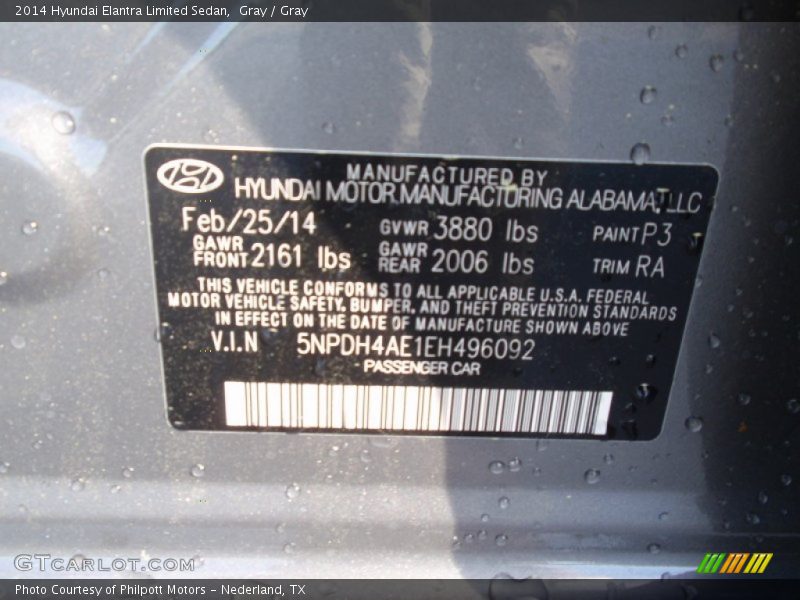 Gray / Gray 2014 Hyundai Elantra Limited Sedan