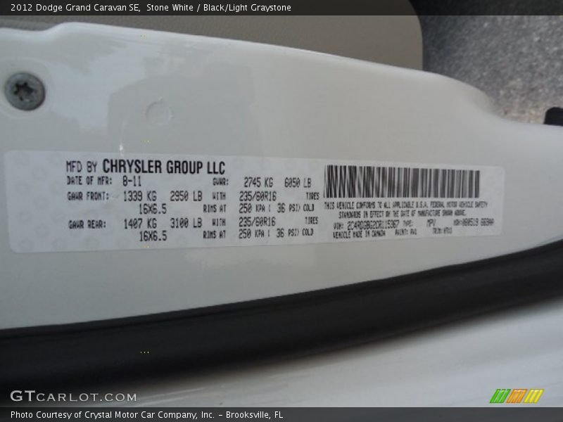 Stone White / Black/Light Graystone 2012 Dodge Grand Caravan SE