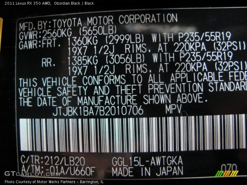 Obsidian Black / Black 2011 Lexus RX 350 AWD