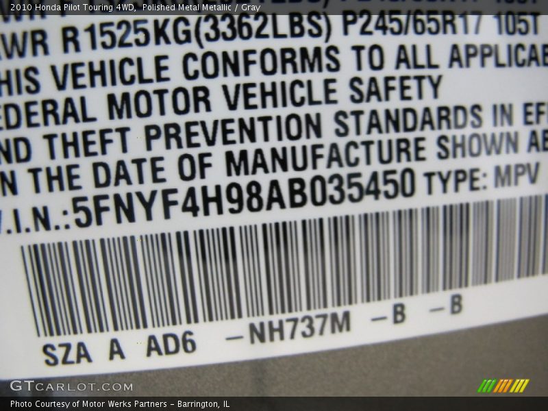 Polished Metal Metallic / Gray 2010 Honda Pilot Touring 4WD