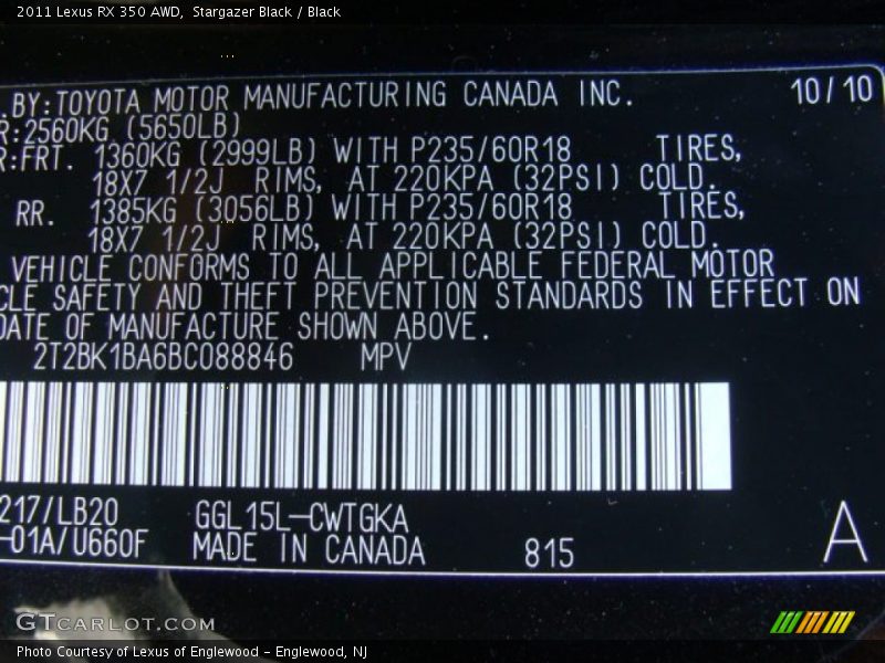 Stargazer Black / Black 2011 Lexus RX 350 AWD