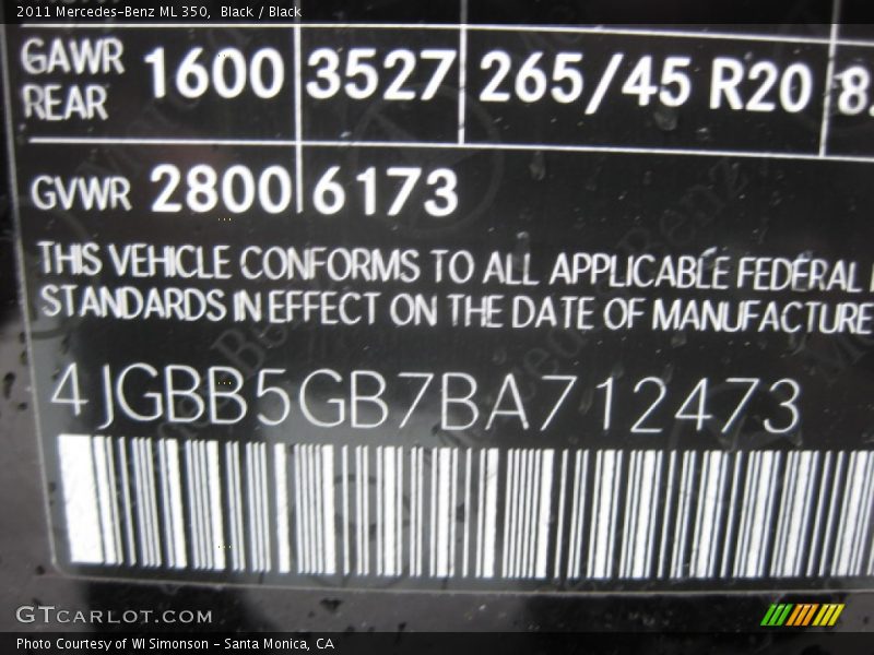 Black / Black 2011 Mercedes-Benz ML 350