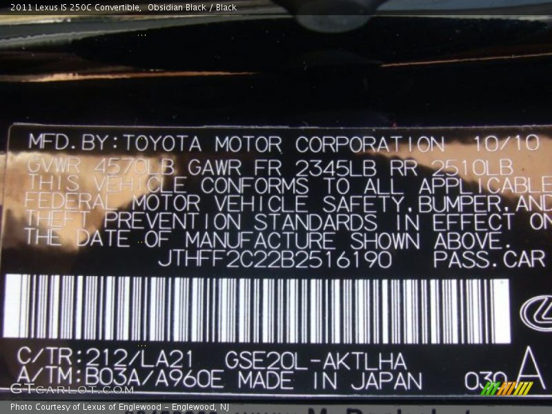 Obsidian Black / Black 2011 Lexus IS 250C Convertible