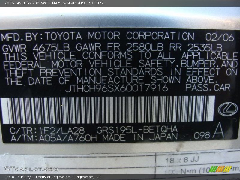 Mercury Silver Metallic / Black 2006 Lexus GS 300 AWD