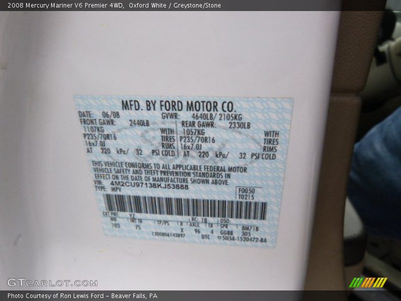 Oxford White / Greystone/Stone 2008 Mercury Mariner V6 Premier 4WD