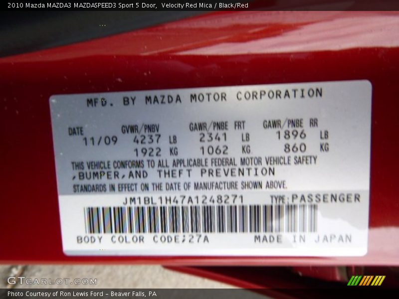 Velocity Red Mica / Black/Red 2010 Mazda MAZDA3 MAZDASPEED3 Sport 5 Door