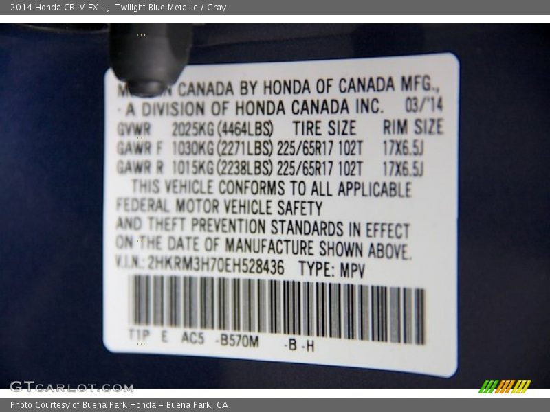 Twilight Blue Metallic / Gray 2014 Honda CR-V EX-L
