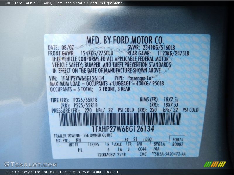Light Sage Metallic / Medium Light Stone 2008 Ford Taurus SEL AWD