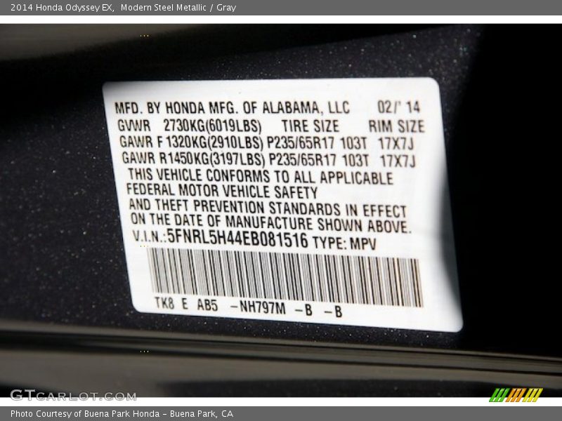 Modern Steel Metallic / Gray 2014 Honda Odyssey EX