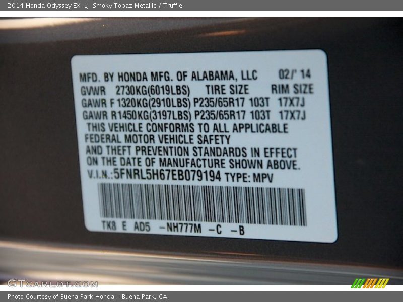 Smoky Topaz Metallic / Truffle 2014 Honda Odyssey EX-L