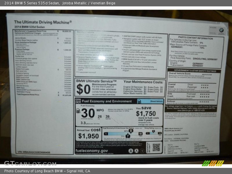  2014 5 Series 535d Sedan Window Sticker