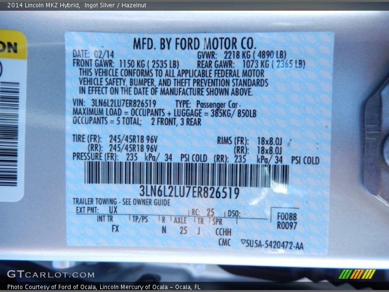 2014 MKZ Hybrid Ingot Silver Color Code UX
