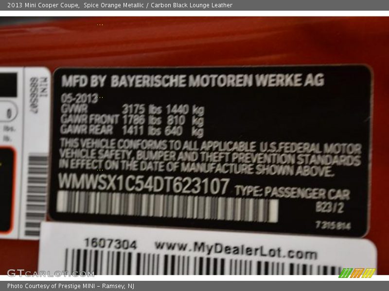 Spice Orange Metallic / Carbon Black Lounge Leather 2013 Mini Cooper Coupe