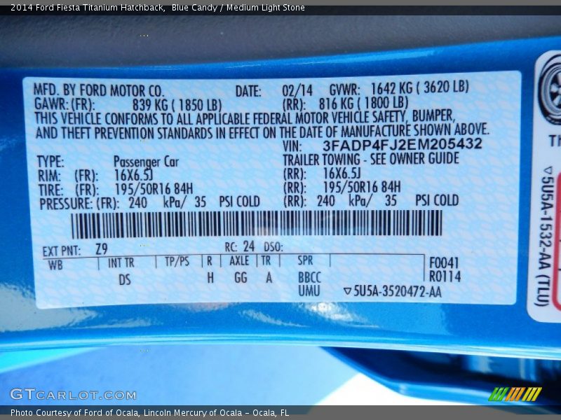 2014 Fiesta Titanium Hatchback Blue Candy Color Code Z9