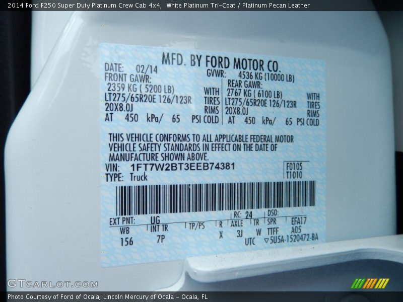 2014 F250 Super Duty Platinum Crew Cab 4x4 White Platinum Tri-Coat Color Code UG