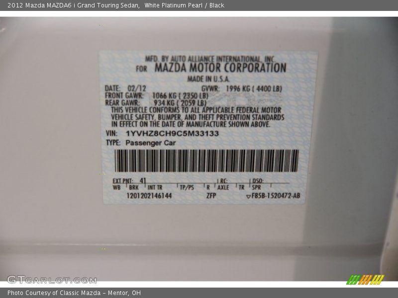 White Platinum Pearl / Black 2012 Mazda MAZDA6 i Grand Touring Sedan