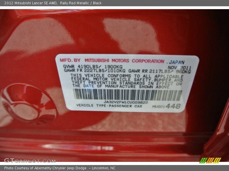Rally Red Metallic / Black 2012 Mitsubishi Lancer SE AWD