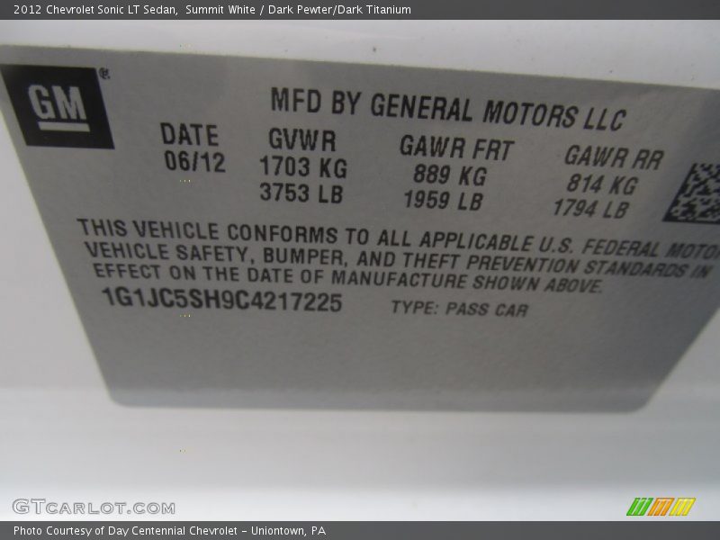 Summit White / Dark Pewter/Dark Titanium 2012 Chevrolet Sonic LT Sedan