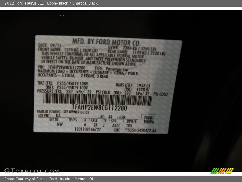 Ebony Black / Charcoal Black 2012 Ford Taurus SEL