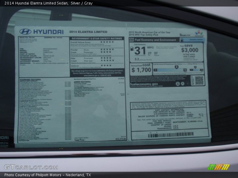 Silver / Gray 2014 Hyundai Elantra Limited Sedan