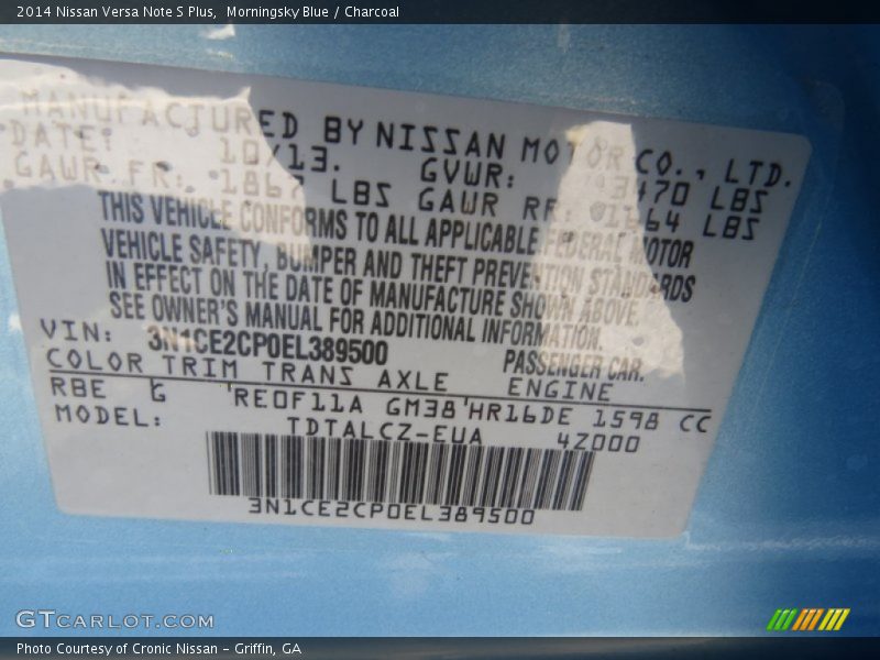 2014 Versa Note S Plus Morningsky Blue Color Code RBE